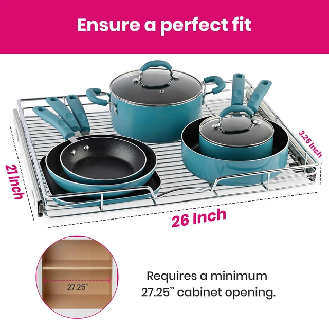 Alt view image 3 of 7 - Pull Out Cabinet Organizer, 26W x 21D Cabinet Drawer | Heavy-Duty Caddy, Lifetime Limited Warranty, Steel Metal Cabinet Drawers, Chrome