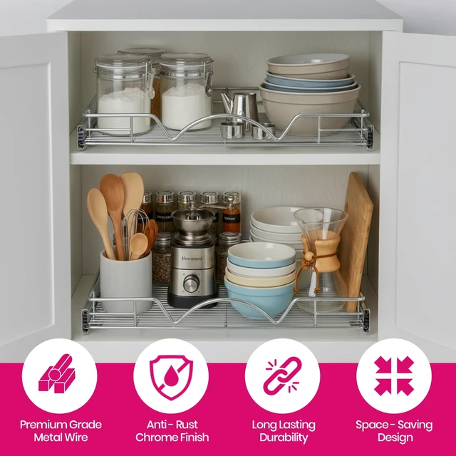 Alt view image 5 of 7 - Pull Out Cabinet Organizer, 26W x 21D Cabinet Drawer | Heavy-Duty Caddy, Lifetime Limited Warranty, Steel Metal Cabinet Drawers, Chrome