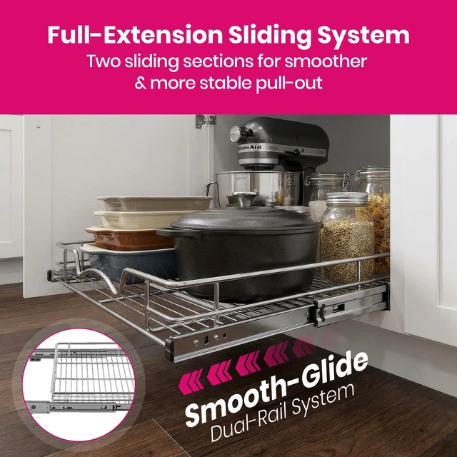 Alt view image 6 of 7 - Pull Out Cabinet Organizer, 26W x 21D Cabinet Drawer | Heavy-Duty Caddy, Lifetime Limited Warranty, Steel Metal Cabinet Drawers, Chrome