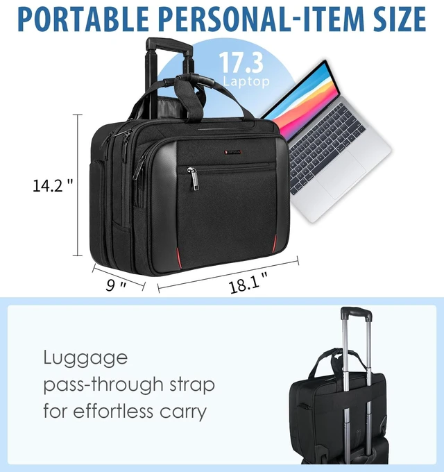 Alt view image 2 of 7 - 17.3 Inch Rolling Laptop Bag for Women/Men, Black | Waterproof Rolling Computer Bag, Carry-on Briefcase with Wheels, Personal Item Suitcase for Travel/Work/Business