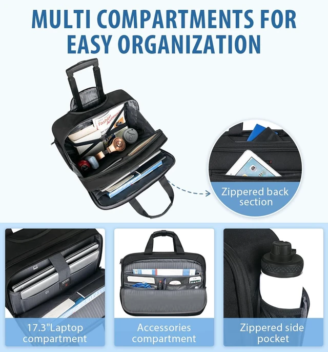 Alt view image 3 of 7 - 17.3 Inch Rolling Laptop Bag for Women/Men, Black | Waterproof Rolling Computer Bag, Carry-on Briefcase with Wheels, Personal Item Suitcase for Travel/Work/Business