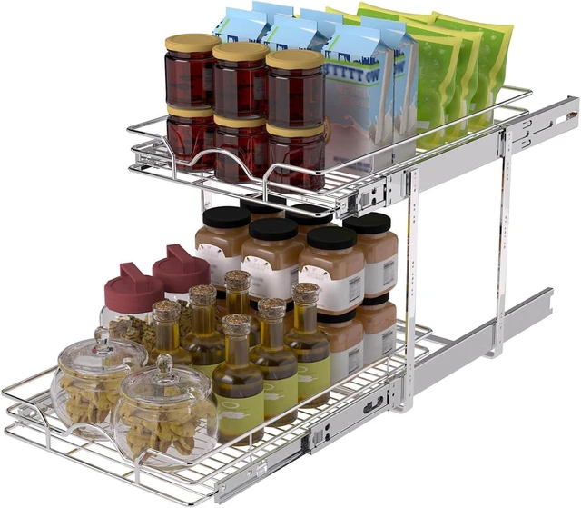 Main image of 2 Tier Pull Out Cabinet Organizer (12.5" W x 21" D), Pull Out Drawers for Kitchen Cabinets, Pull Out Shelves for Base Cabinet Organization in Kitchen Bathroom Pantry, Chrome Finish