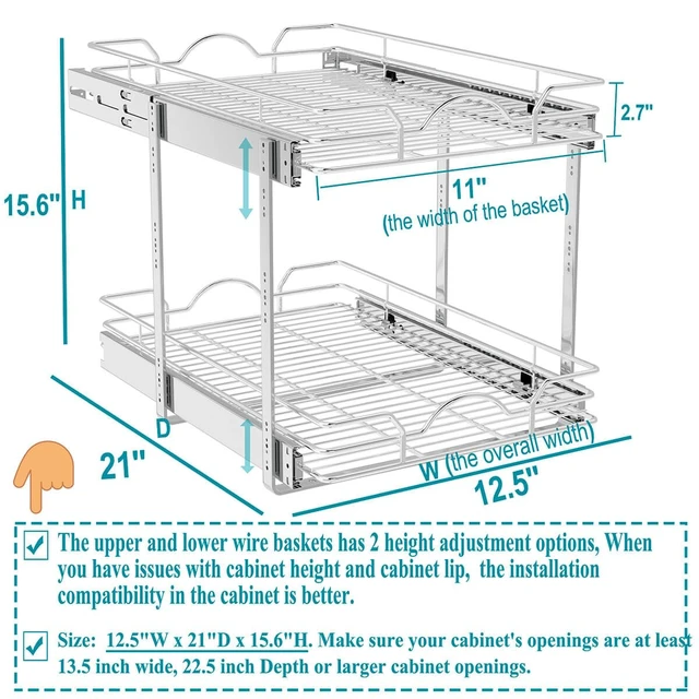Alt view image 2 of 7 - 2 Tier Pull Out Cabinet Organizer (12.5" W x 21" D), Pull Out Drawers for Kitchen Cabinets, Pull Out Shelves for Base Cabinet Organization in Kitchen Bathroom Pantry, Chrome Finish