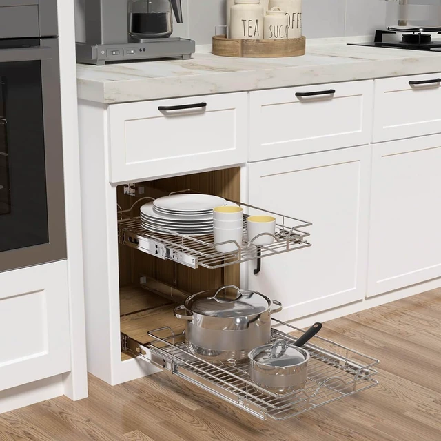 Alt view image 3 of 7 - 2 Tier Pull Out Cabinet Organizer (12.5" W x 21" D), Pull Out Drawers for Kitchen Cabinets, Pull Out Shelves for Base Cabinet Organization in Kitchen Bathroom Pantry, Chrome Finish