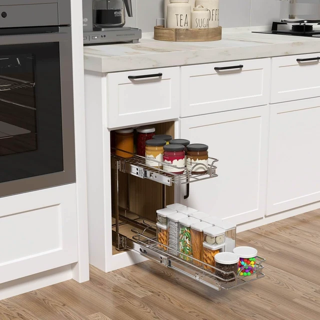 Alt view image 7 of 7 - 2 Tier Pull Out Cabinet Organizer (12.5" W x 21" D), Pull Out Drawers for Kitchen Cabinets, Pull Out Shelves for Base Cabinet Organization in Kitchen Bathroom Pantry, Chrome Finish