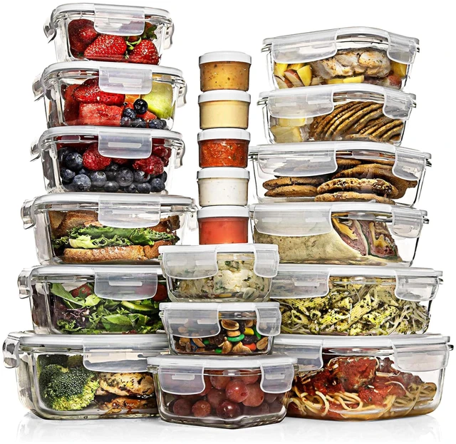 Main image of 35 Pc Set Glass Food Storage Containers with Lids - Meal Prep Airtight Bento Boxes BPA-Free 100% Leak Proof (15 lids,15 glass & 5 Plastic Sauce/Dip Containers)