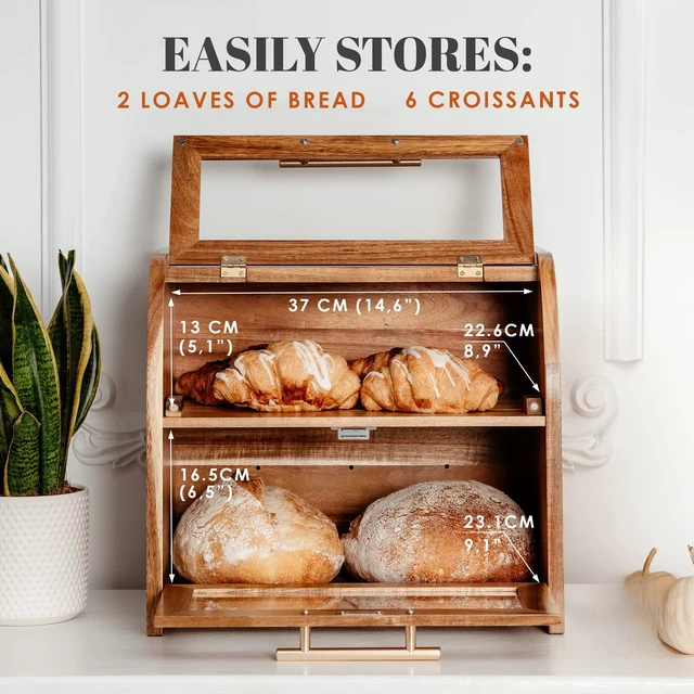 Alt view image 4 of 7 - Arise Acacia Wooden Bread Box for Kitchen Countertop, Extra Large 2-Shelf | Bread Storage Container with Clear Windows & Air Vents, Bread Bin & Keeper, Keeps Bagels, Rolls & Buns Fresh, Self Assembly
