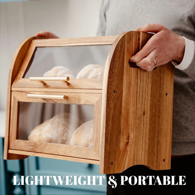 Alt view image 7 of 7 - Arise Acacia Wooden Bread Box for Kitchen Countertop, Extra Large 2-Shelf | Bread Storage Container with Clear Windows & Air Vents, Bread Bin & Keeper, Keeps Bagels, Rolls & Buns Fresh, Self Assembly