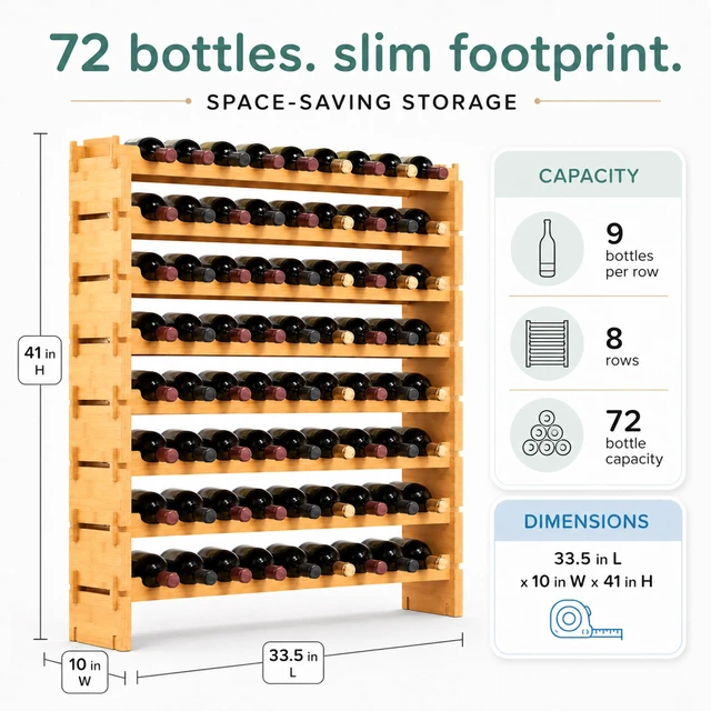 Alt view image 3 of 6 - 72 Bottle Wine Rack Stackable Bamboo Freestanding, 8-Tier Modular Shelf, Sturdy Wobble Free, Upgraded 2026 Design, Easy No-Tool Assembly for Kitchen, Cellar or Bar Storage 33.5" x 10" x 41"