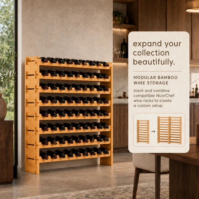 Alt view image 2 of 6 - 72 Bottle Wine Rack Stackable Bamboo Freestanding, 8-Tier Modular Shelf, Sturdy Wobble Free, Upgraded 2026 Design, Easy No-Tool Assembly for Kitchen, Cellar or Bar Storage 33.5" x 10" x 41"