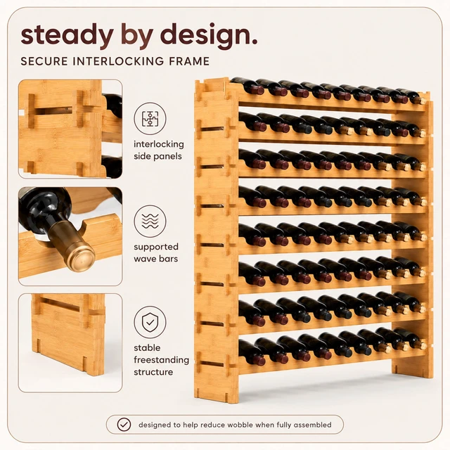 Alt view image 4 of 6 - 72 Bottle Wine Rack Stackable Bamboo Freestanding, 8-Tier Modular Shelf, Sturdy Wobble Free, Upgraded 2026 Design, Easy No-Tool Assembly for Kitchen, Cellar or Bar Storage 33.5" x 10" x 41"