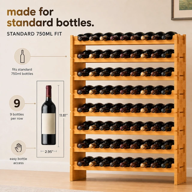 Alt view image 5 of 6 - 72 Bottle Wine Rack Stackable Bamboo Freestanding, 8-Tier Modular Shelf, Sturdy Wobble Free, Upgraded 2026 Design, Easy No-Tool Assembly for Kitchen, Cellar or Bar Storage 33.5" x 10" x 41"