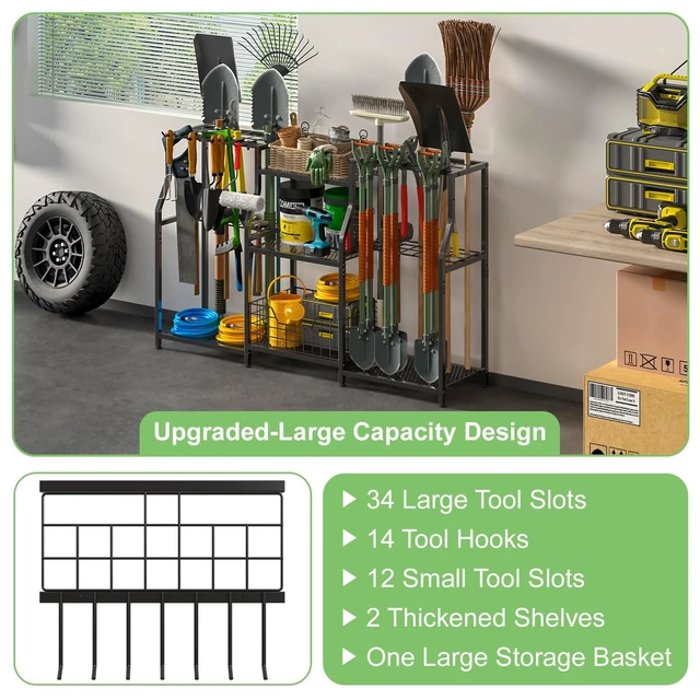 Alt view image 2 of 7 - Garden Tool Organizer, Heavy Duty Yard Tool Tower Rack for Garage Organization and Storage, 3 Tier Utility Garden Tool Rack with hooks for Garden/Shed/Garage/Yard/Basement/Lawn