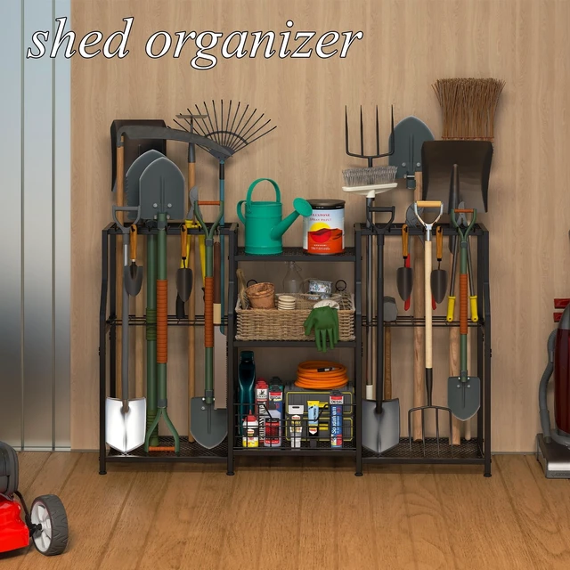 Alt view image 3 of 7 - Garden Tool Organizer, Heavy Duty Yard Tool Tower Rack for Garage Organization and Storage, 3 Tier Utility Garden Tool Rack with hooks for Garden/Shed/Garage/Yard/Basement/Lawn