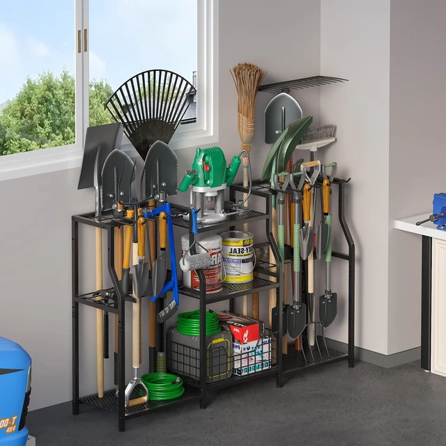Alt view image 5 of 7 - Garden Tool Organizer, Heavy Duty Yard Tool Tower Rack for Garage Organization and Storage, 3 Tier Utility Garden Tool Rack with hooks for Garden/Shed/Garage/Yard/Basement/Lawn