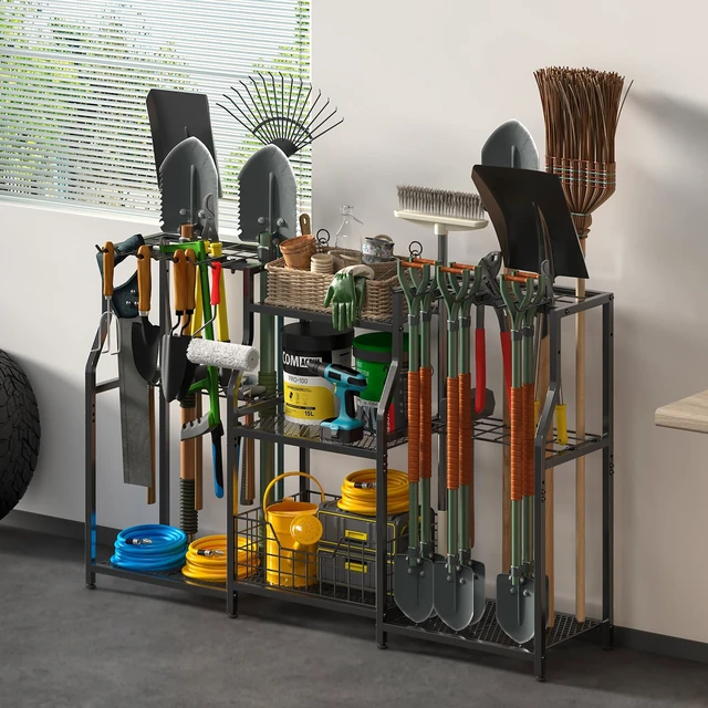 Alt view image 6 of 7 - Garden Tool Organizer, Heavy Duty Yard Tool Tower Rack for Garage Organization and Storage, 3 Tier Utility Garden Tool Rack with hooks for Garden/Shed/Garage/Yard/Basement/Lawn