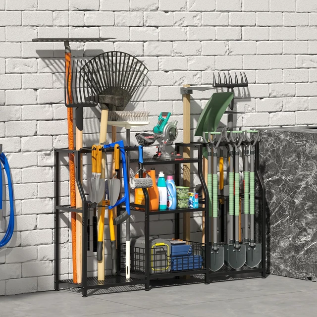 Alt view image 7 of 7 - Garden Tool Organizer, Heavy Duty Yard Tool Tower Rack for Garage Organization and Storage, 3 Tier Utility Garden Tool Rack with hooks for Garden/Shed/Garage/Yard/Basement/Lawn