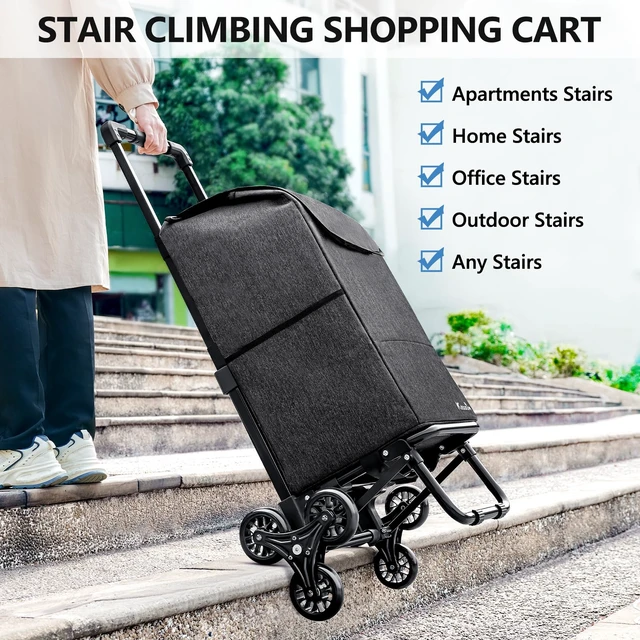Alt view image 2 of 7 - 2-in-1 Stair Climbing Grocery Cart, 300LB Shopping Cart, Black | 60L Capacity, Removable Waterproof Bag, Compact Folding, for Groceries and Laundry