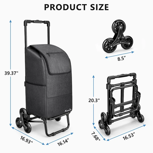 Alt view image 7 of 7 - 2-in-1 Stair Climbing Grocery Cart, 300LB Shopping Cart, Black | 60L Capacity, Removable Waterproof Bag, Compact Folding, for Groceries and Laundry