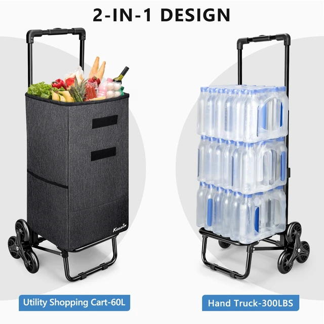 Alt view image 5 of 7 - 2-in-1 Stair Climbing Grocery Cart, 300LB Shopping Cart, Black | 60L Capacity, Removable Waterproof Bag, Compact Folding, for Groceries and Laundry