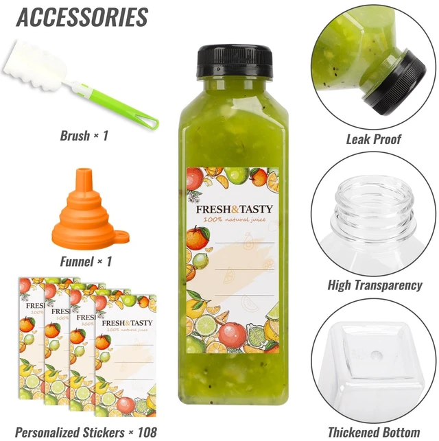 Alt view image 3 of 6 - 100 PACK 16 OZ Plastic Juice Bottles with Caps, Sticker Labels, Brush | 16oz Clear Reusable Juice Bottles with Lids, Label, Funnel and Brush Beverage Containers for Juicing, Smoothies, Tea, Milk