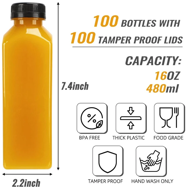 Alt view image 2 of 6 - 100 PACK 16 OZ Plastic Juice Bottles with Caps, Sticker Labels, Brush | 16oz Clear Reusable Juice Bottles with Lids, Label, Funnel and Brush Beverage Containers for Juicing, Smoothies, Tea, Milk