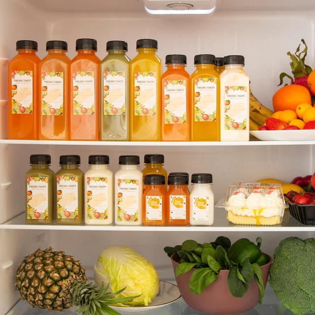 Alt view image 5 of 6 - 100 PACK 16 OZ Plastic Juice Bottles with Caps, Sticker Labels, Brush | 16oz Clear Reusable Juice Bottles with Lids, Label, Funnel and Brush Beverage Containers for Juicing, Smoothies, Tea, Milk