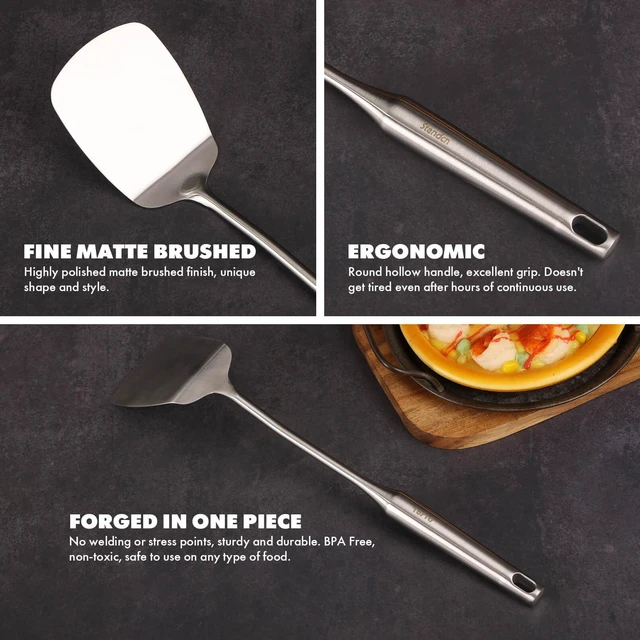 Alt view image 4 of 7 - 18/10 Stainless Steel Small & Large Cooking Spoons Set - All Metal Utensils | 16 PCS Kitchen Utensils Set - Whisk, Masher, Fork, Tongs, Solid/Slotted Spoon, Spatula, Turner, Ladle, Skimmer, Pasta
