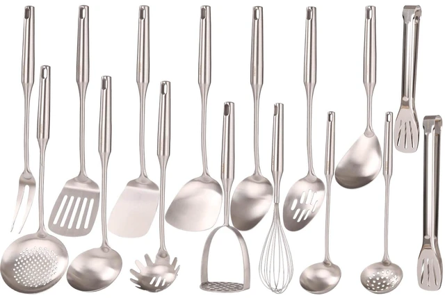 Main image of 18/10 Stainless Steel Small & Large Cooking Spoons Set - All Metal Utensils | 16 PCS Kitchen Utensils Set - Whisk, Masher, Fork, Tongs, Solid/Slotted Spoon, Spatula, Turner, Ladle, Skimmer, Pasta