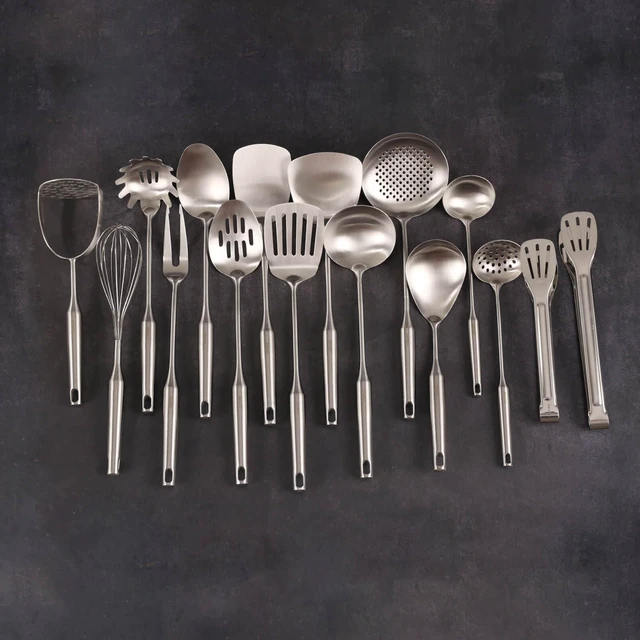 Alt view image 7 of 7 - 18/10 Stainless Steel Small & Large Cooking Spoons Set - All Metal Utensils | 16 PCS Kitchen Utensils Set - Whisk, Masher, Fork, Tongs, Solid/Slotted Spoon, Spatula, Turner, Ladle, Skimmer, Pasta