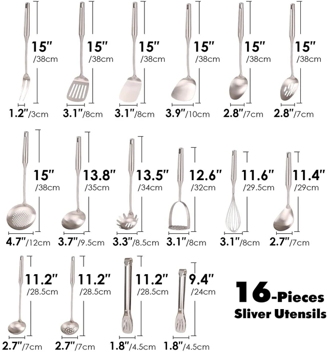 Alt view image 2 of 7 - 18/10 Stainless Steel Small & Large Cooking Spoons Set - All Metal Utensils | 16 PCS Kitchen Utensils Set - Whisk, Masher, Fork, Tongs, Solid/Slotted Spoon, Spatula, Turner, Ladle, Skimmer, Pasta
