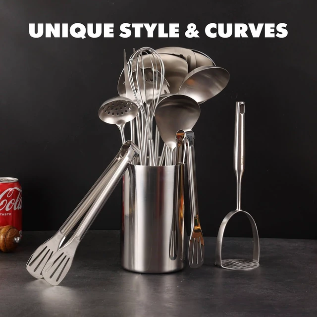 Alt view image 5 of 7 - 18/10 Stainless Steel Small & Large Cooking Spoons Set - All Metal Utensils | 16 PCS Kitchen Utensils Set - Whisk, Masher, Fork, Tongs, Solid/Slotted Spoon, Spatula, Turner, Ladle, Skimmer, Pasta