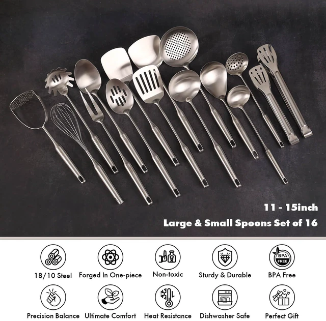 Alt view image 3 of 7 - 18/10 Stainless Steel Small & Large Cooking Spoons Set - All Metal Utensils | 16 PCS Kitchen Utensils Set - Whisk, Masher, Fork, Tongs, Solid/Slotted Spoon, Spatula, Turner, Ladle, Skimmer, Pasta