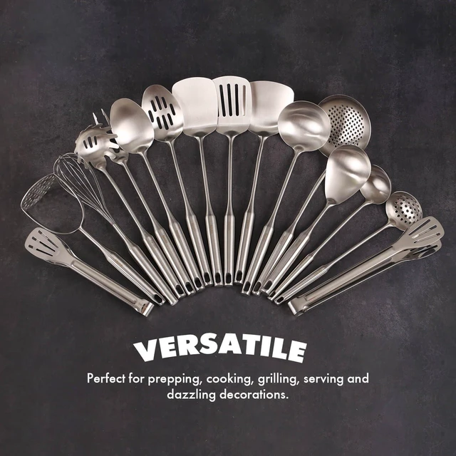 Alt view image 6 of 7 - 18/10 Stainless Steel Small & Large Cooking Spoons Set - All Metal Utensils | 16 PCS Kitchen Utensils Set - Whisk, Masher, Fork, Tongs, Solid/Slotted Spoon, Spatula, Turner, Ladle, Skimmer, Pasta