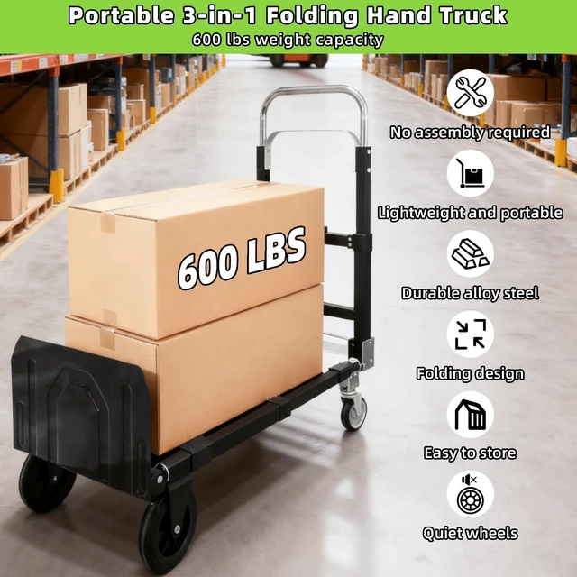 Alt view image 2 of 7 - 3 in 1 Folding Hand Truck, 600Lbs Capacity, Heavy Duty Collapsible Cart with Retractable Handle and 4 Rubber Wheels, Moving Dolly for Moving Home, Office, Food Service, Shopping Mall, Warehouse