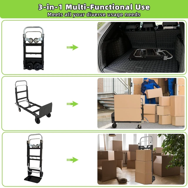 Alt view image 3 of 7 - 3 in 1 Folding Hand Truck, 600Lbs Capacity, Heavy Duty Collapsible Cart with Retractable Handle and 4 Rubber Wheels, Moving Dolly for Moving Home, Office, Food Service, Shopping Mall, Warehouse