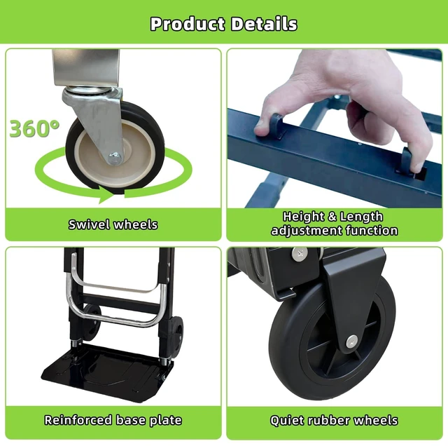 Alt view image 5 of 7 - 3 in 1 Folding Hand Truck, 600Lbs Capacity, Heavy Duty Collapsible Cart with Retractable Handle and 4 Rubber Wheels, Moving Dolly for Moving Home, Office, Food Service, Shopping Mall, Warehouse