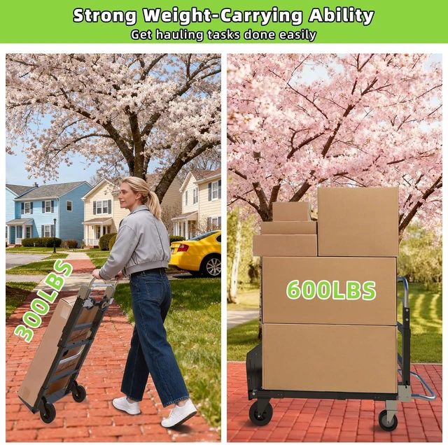 Alt view image 4 of 7 - 3 in 1 Folding Hand Truck, 600Lbs Capacity, Heavy Duty Collapsible Cart with Retractable Handle and 4 Rubber Wheels, Moving Dolly for Moving Home, Office, Food Service, Shopping Mall, Warehouse