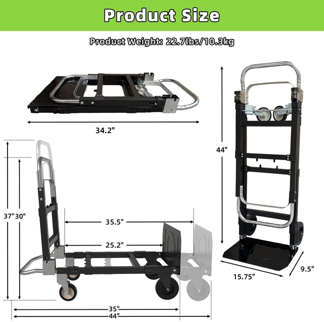 Alt view image 6 of 7 - 3 in 1 Folding Hand Truck, 600Lbs Capacity, Heavy Duty Collapsible Cart with Retractable Handle and 4 Rubber Wheels, Moving Dolly for Moving Home, Office, Food Service, Shopping Mall, Warehouse