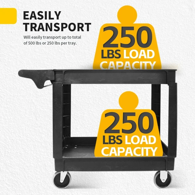 Alt view image 4 of 7 - Heavy Duty 2Shelf Service Cart 500 lb Capacity Polypropylene Utility Cart with 5" NonMarring Casters Deep Trays and BuiltIn Tool Storage for Garage Warehouse Workshop (80855)