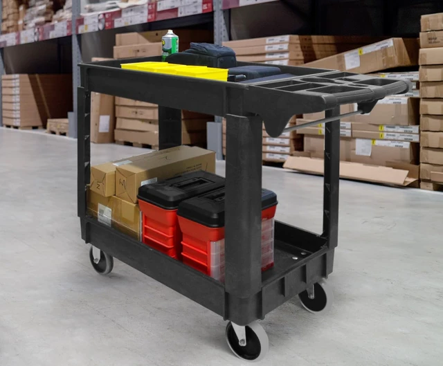 Alt view image 5 of 7 - Heavy Duty 2Shelf Service Cart 500 lb Capacity Polypropylene Utility Cart with 5" NonMarring Casters Deep Trays and BuiltIn Tool Storage for Garage Warehouse Workshop (80855)
