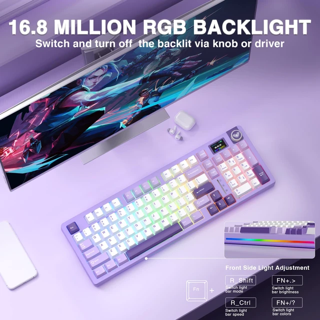 Alt view image 6 of 7 - S98 Pro Wireless Mechanical Gaming Keyboard with Screen, Knob, 96 Keys | 2.4GHz/USB-C/BT5.0, Hot-Swappable, Linear Switches,Gasket Mount,PBT Keycaps, RGB Backlit Purple Creamy Keyboard for PC/Office