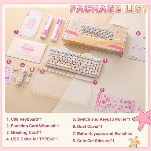 Alt view image 7 of 7 - C98 Cute Cake Wireless Mechanical Keyboard(Beige, Milk Switch) | 99 Keys with Number Pad, Hot Swap, PBT MOA Keycaps, BT5.0/2.4G/USB-C, Gasket Mount, Custom RGB Backlit for Win/Mac