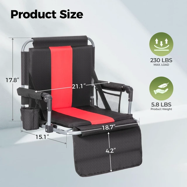Alt view image 2 of 7 - Extra Wide Padded Stadium Seats for Bleachers with Back Support | Padded seat ,Universal Hooks,Straps,pockets,Heavy Duty Steel Frame,Cup Holder ,Bleacher Parents,Sports Events Easy Setup