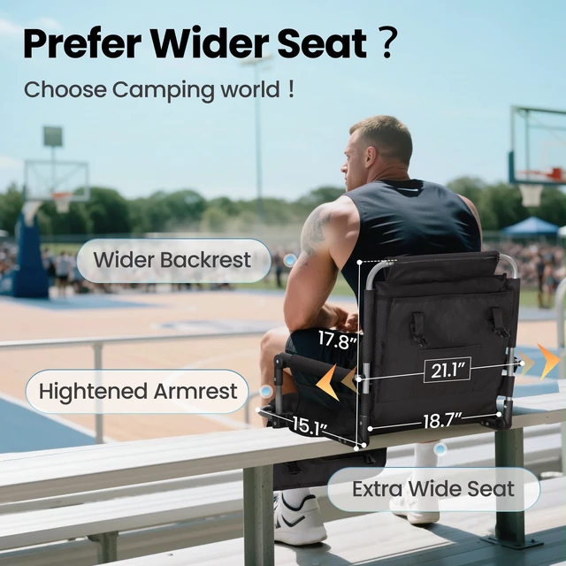 Alt view image 4 of 7 - 2PCS Stadium Seats for Bleachers with Back Support, Bleacher Seat Black | Padded Bleacher Chairs with Back and Cushion, Stadium Chairs with Armrest, Cup Holder, Mesh Bag and Hide Hooks