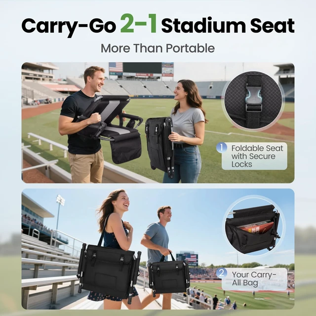 Alt view image 5 of 7 - 2PCS Stadium Seats for Bleachers with Back Support, Bleacher Seat Black | Padded Bleacher Chairs with Back and Cushion, Stadium Chairs with Armrest, Cup Holder, Mesh Bag and Hide Hooks