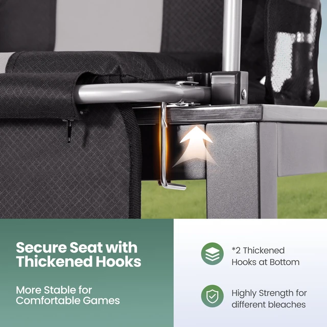 Alt view image 7 of 7 - 2PCS Stadium Seats for Bleachers with Back Support, Bleacher Seat Black | Padded Bleacher Chairs with Back and Cushion, Stadium Chairs with Armrest, Cup Holder, Mesh Bag and Hide Hooks