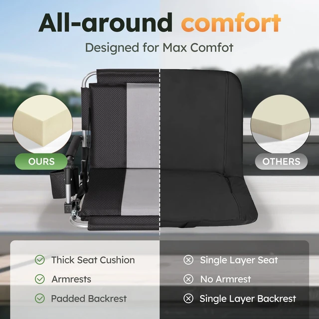 Alt view image 2 of 7 - 2 Pack Folding Stadium Seats, Portable Bleacher Chairs | with Comfortable Cushions, Cup Holder and Mesh Bag, Perfect for Sports Games and Outdoor Activities