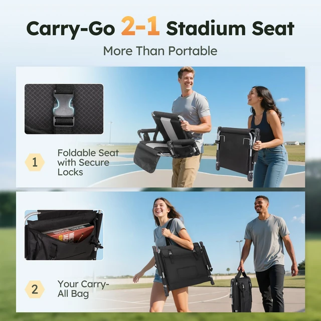 Alt view image 6 of 7 - 2 Pack Folding Stadium Seats, Portable Bleacher Chairs | with Comfortable Cushions, Cup Holder and Mesh Bag, Perfect for Sports Games and Outdoor Activities