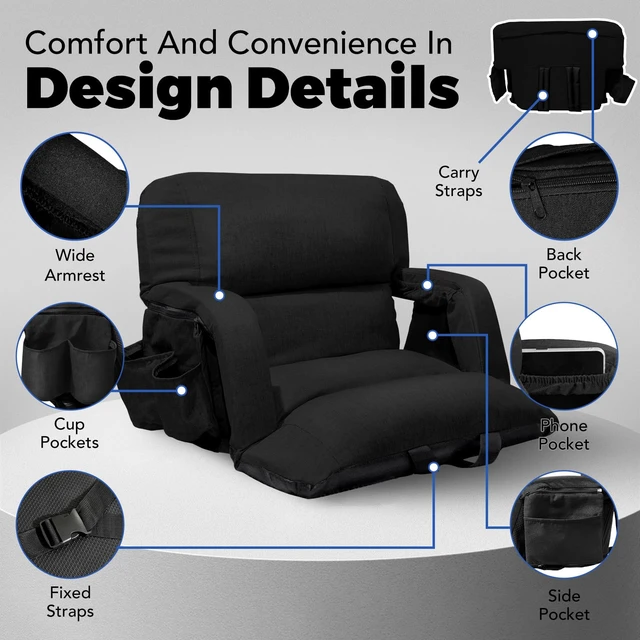 Alt view image 4 of 7 - Wide Stadium Seats With Back Support, Exclusive "Sofa Style" Design Extra Thick Bleacher Chairs With Back and Cushion, 6 Reclining Positions - Ultimate Comfort for Sports Events (Black, 22.5")